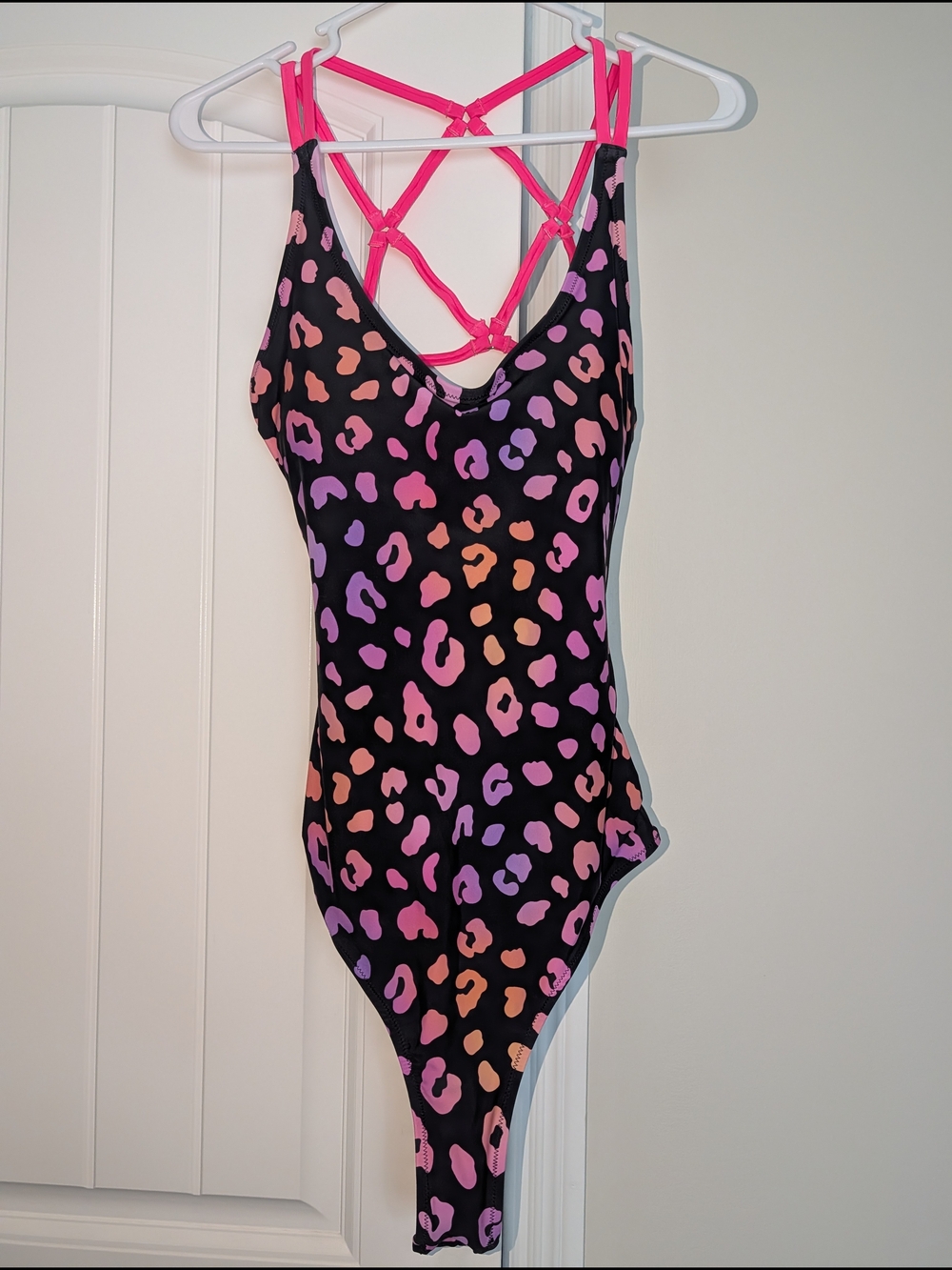 Black Leopard Print One-Piece Swimsuit with Pink Strappy Back